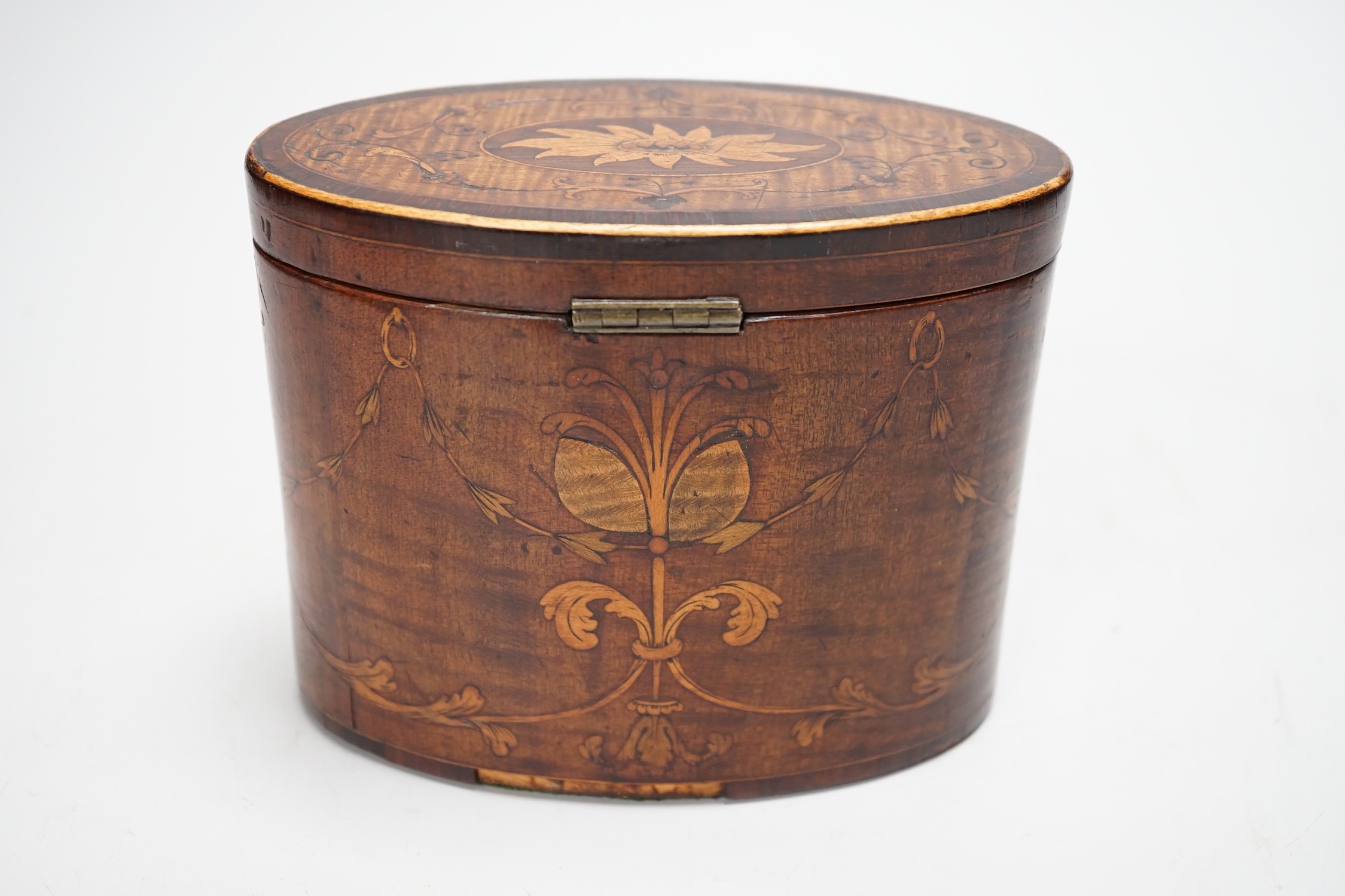A George III oval harewood and marquetry tea caddy, c.1790, 12cms high x 15cms wide
